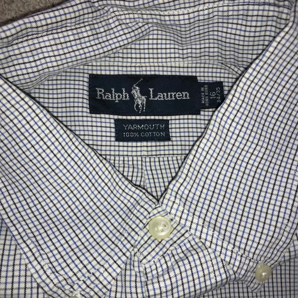 Polo Ralph Lauren Yarmouth Shirt Mens 16 34/35 Blue White Micro Check Cotton L/S